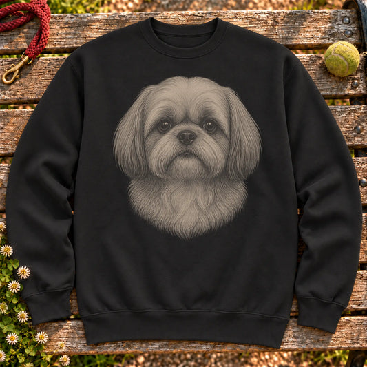 Shih Tzu Realistic Drawing on a Black crewneck sweatshirt, shown flat