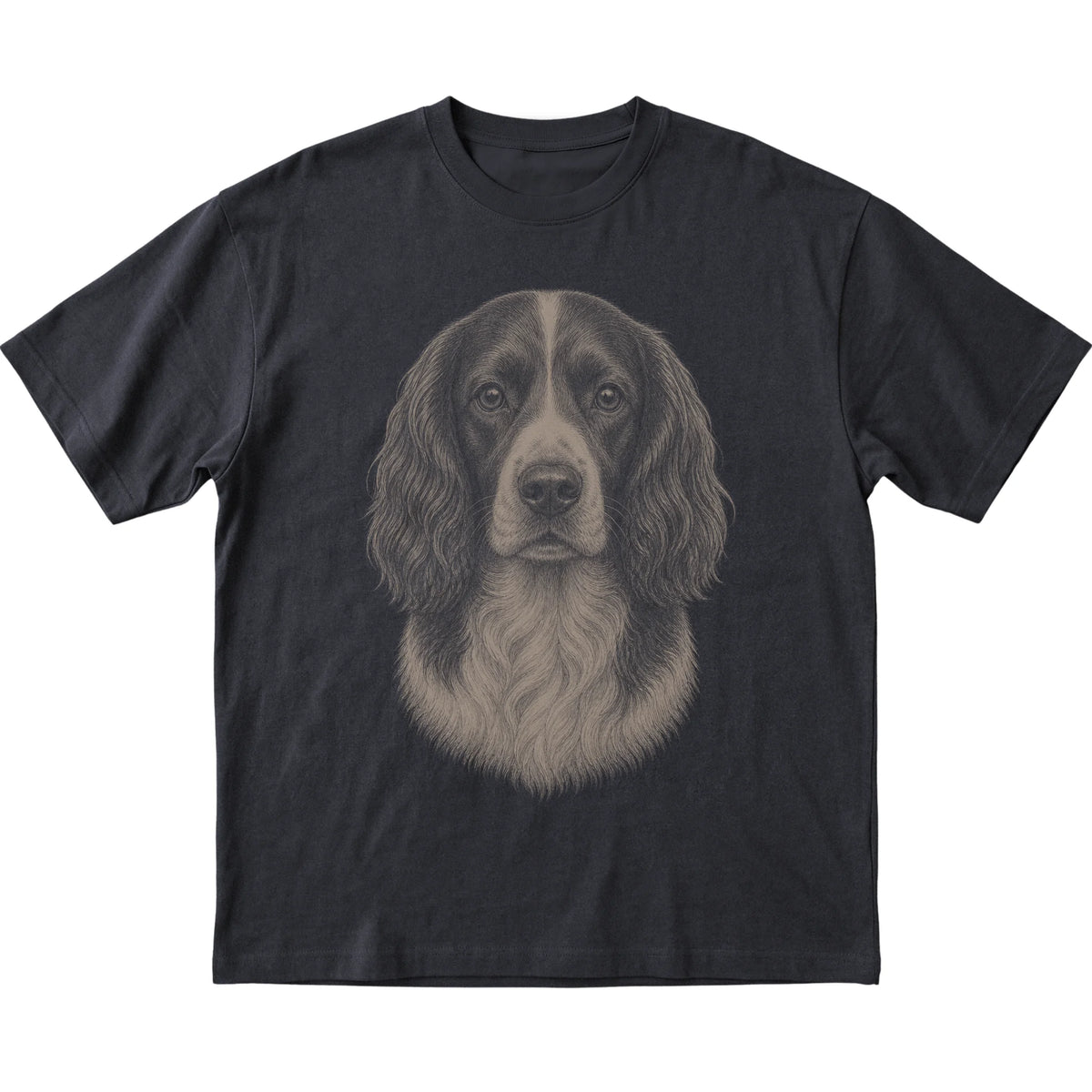 Black Realistic Drawing Springer Spaniel T-shirt, flat view