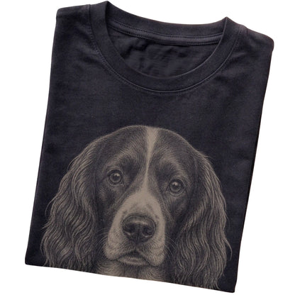 Black Realistic Drawing Springer Spaniel T-shirt, folded view