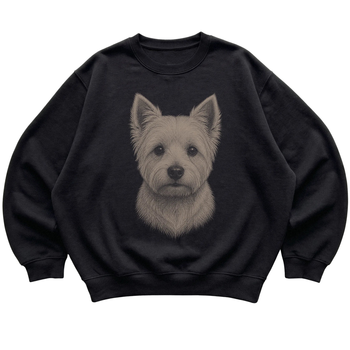 Black Realistic Drawing Westie sweatshirt, flat view