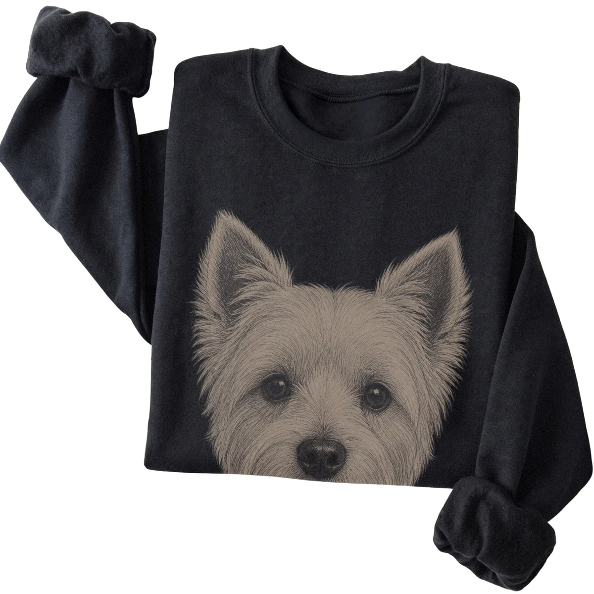 Black Realistic Drawing Westie sweatshirt, folded view