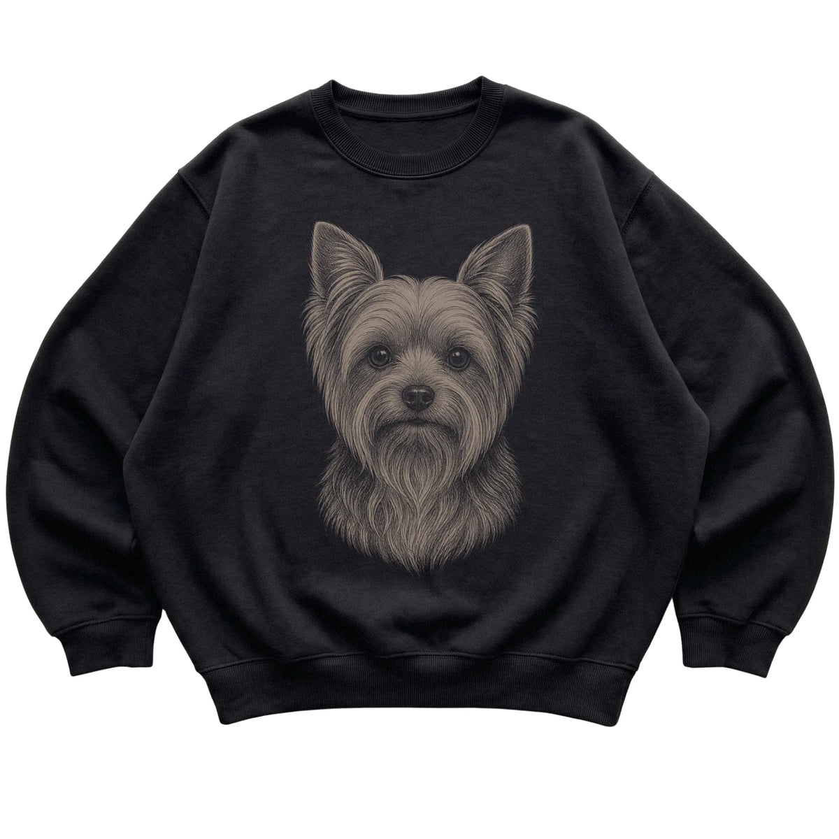 Black Realistic Drawing Yorkie sweatshirt, flat view