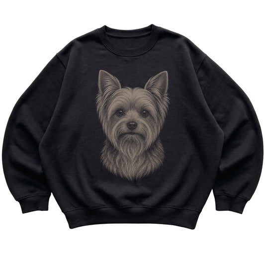 Black Realistic Drawing Yorkie sweatshirt, flat view