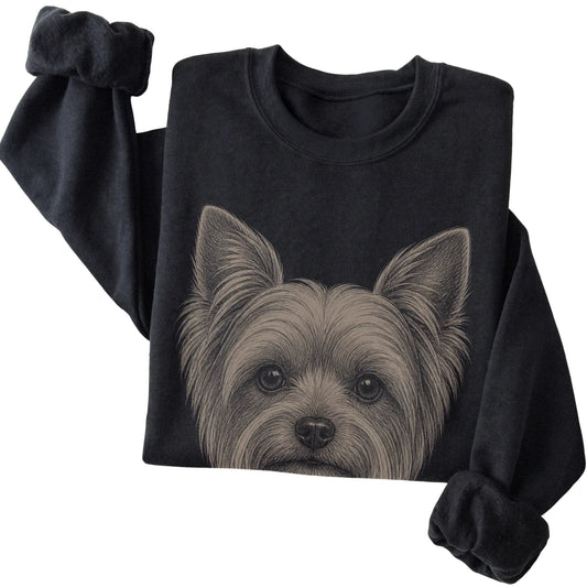 Black Realistic Drawing Yorkie sweatshirt, folded view