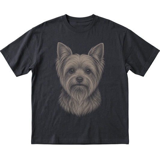 Black Realistic Drawing Yorkie T-shirt, flat view
