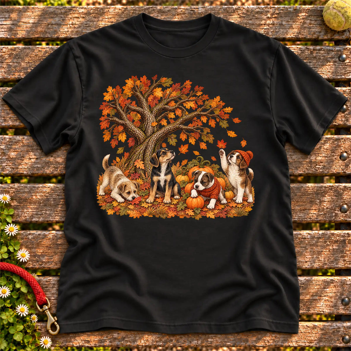 Four Rescue Mixed Breed puppies with pumpkins beneath an autumn tree on a Black softstyle T-shirt