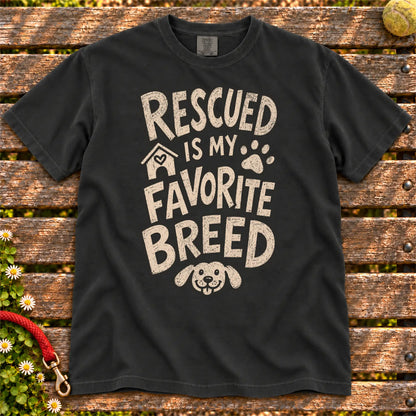 Rescued Is My Favorite Breed design on a Black Comfort Colors T-shirt, shown flat