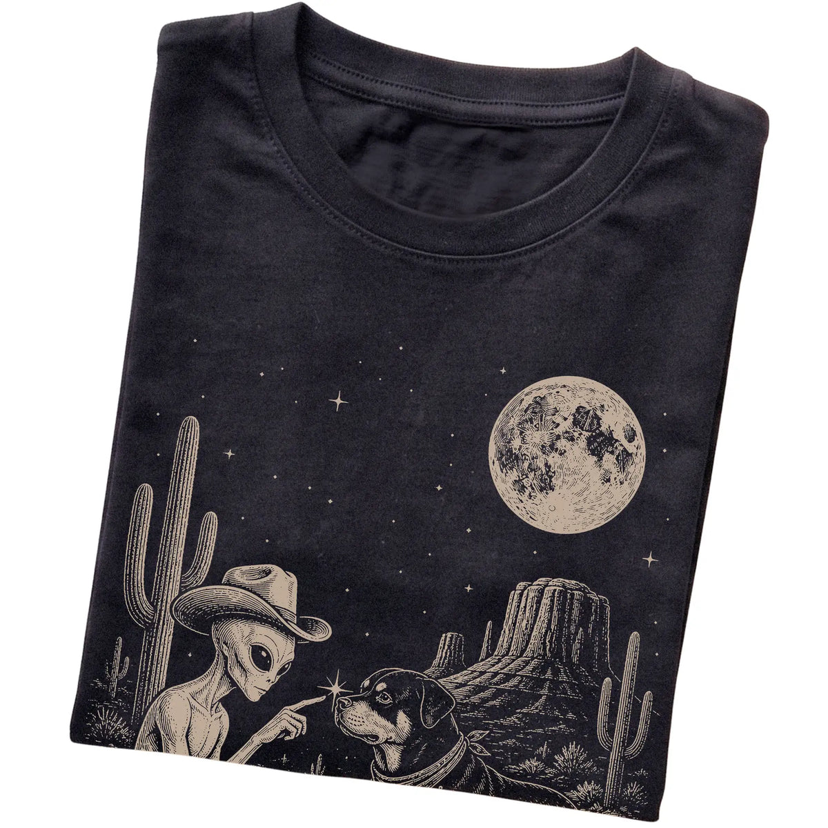 Black T-shirt featuring Rottweiler Cowboy and Alien, folded presentation
