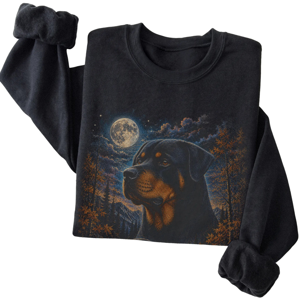 Folded black sweatshirt with Rottweiler Autumn Moon artwork.