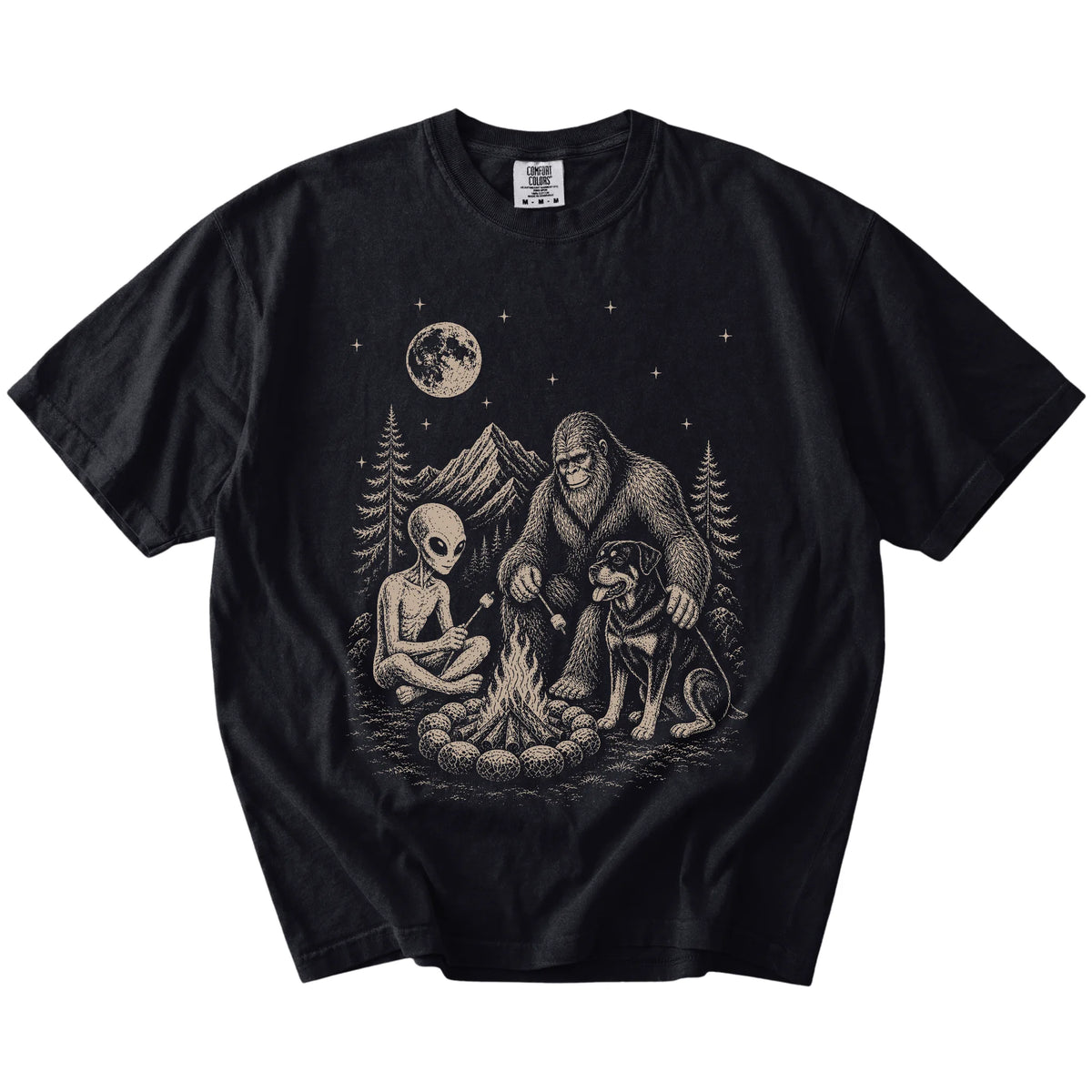 Rottweiler camping with Bigfoot and an alien on a Black Comfort Colors® T-shirt
