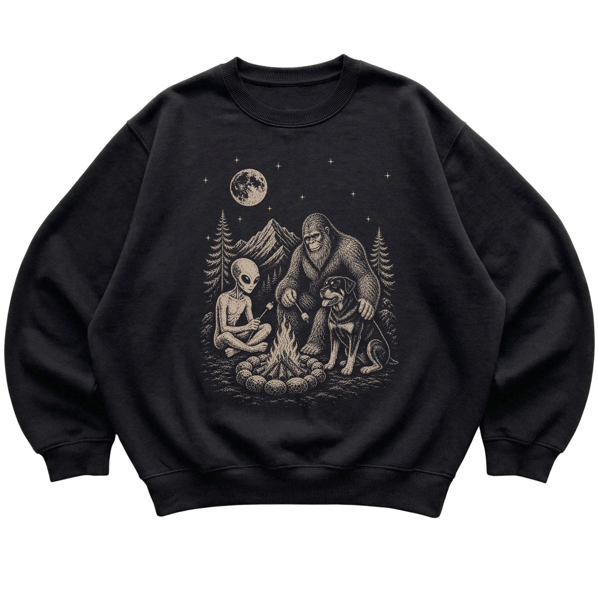 Black Rottweiler Camping with Bigfoot and Alien shirt laid flat