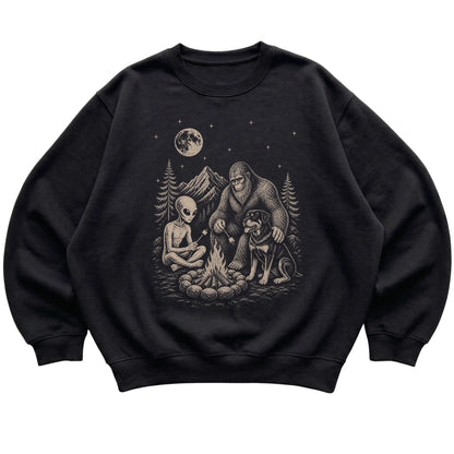 Black Rottweiler Camping with Bigfoot and Alien shirt laid flat