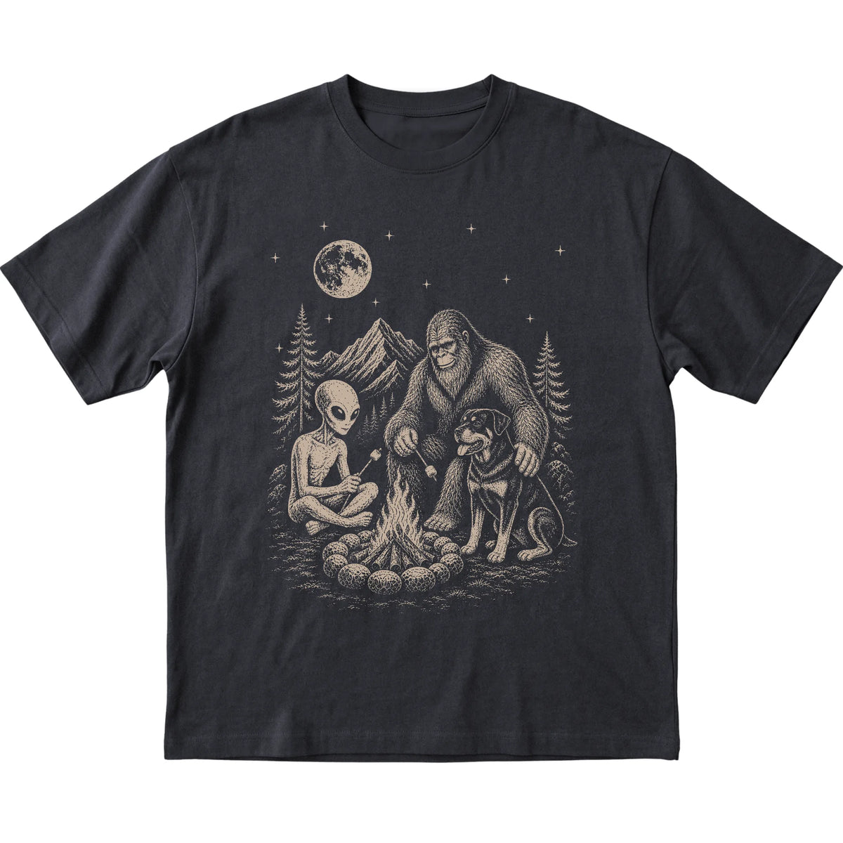 Black Rottweiler Camping with Bigfoot and Alien shirt laid flat