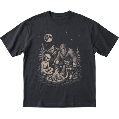 Black Rottweiler Camping with Bigfoot and Alien shirt laid flat