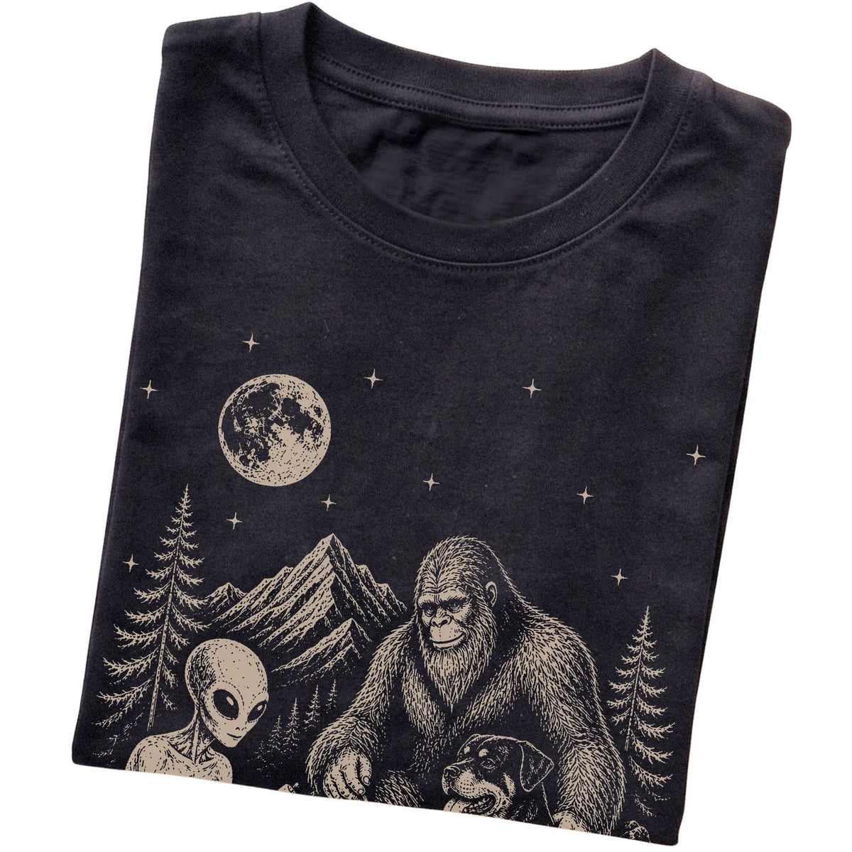 Black Rottweiler Camping with Bigfoot and Alien folded detail view