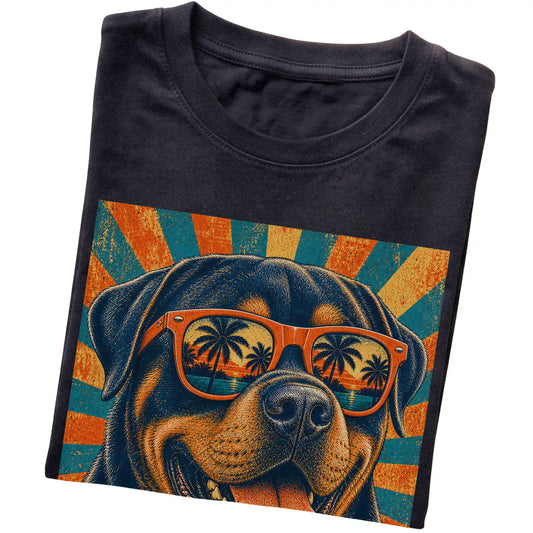 Folded Black softstyle T-shirt with a Retro Rottweiler Dad design