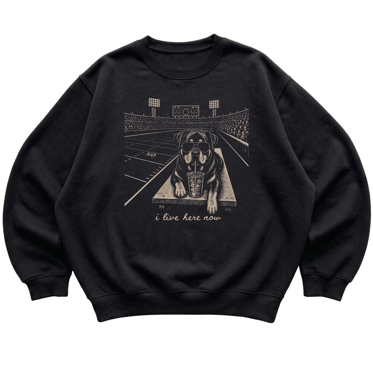 Black Rottweiler Football Tailgate sweatshirt, laid flat