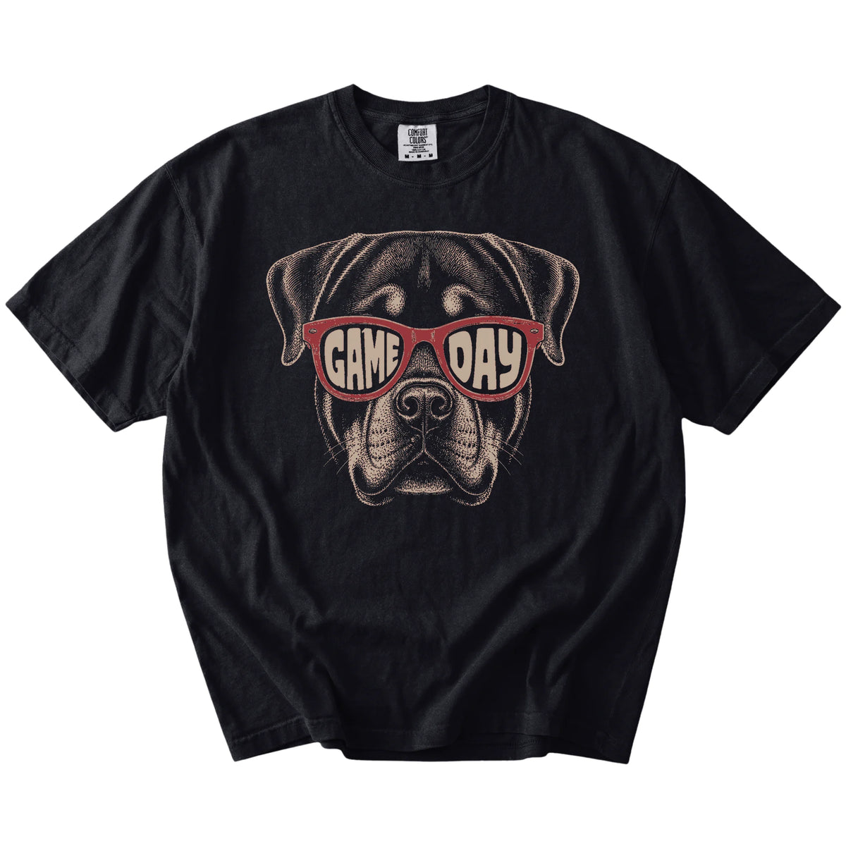 Rottweiler wearing red Game Day sunglasses on a Black Comfort Colors® T-shirt