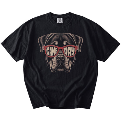 Rottweiler wearing red Game Day sunglasses on a Black Comfort Colors® T-shirt