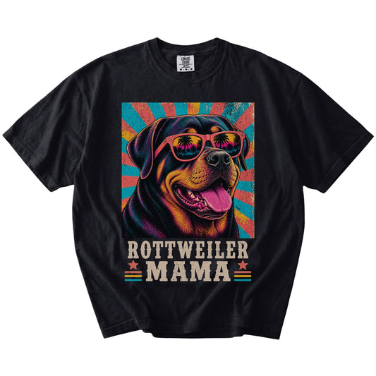 Retro Rottweiler Mama design on a Black Comfort Colors T-shirt