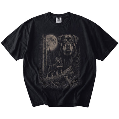 Black Rottweiler Moonlit Forest T-Shirt laid flat