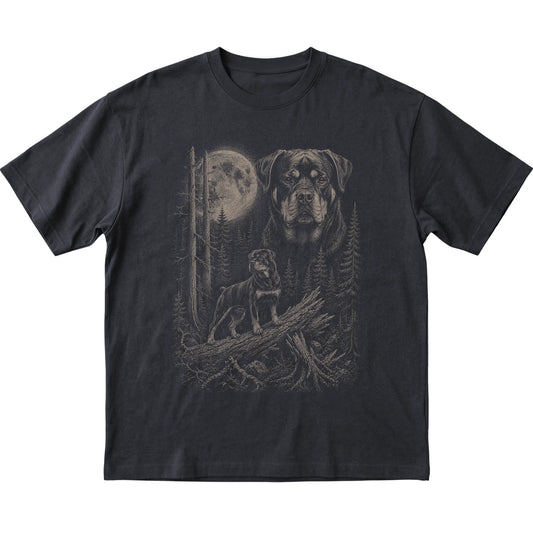 Rottweiler Moonlit Forest graphic on a black Softstyle T-shirt laid flat