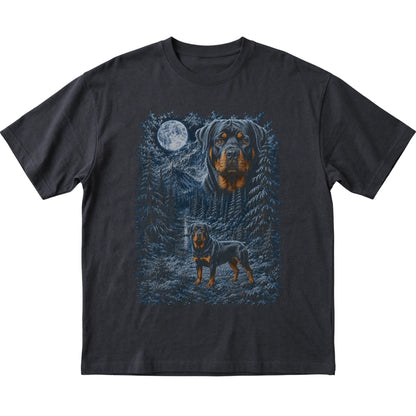 black T-shirt with Rottweiler Winter Moon artwork.