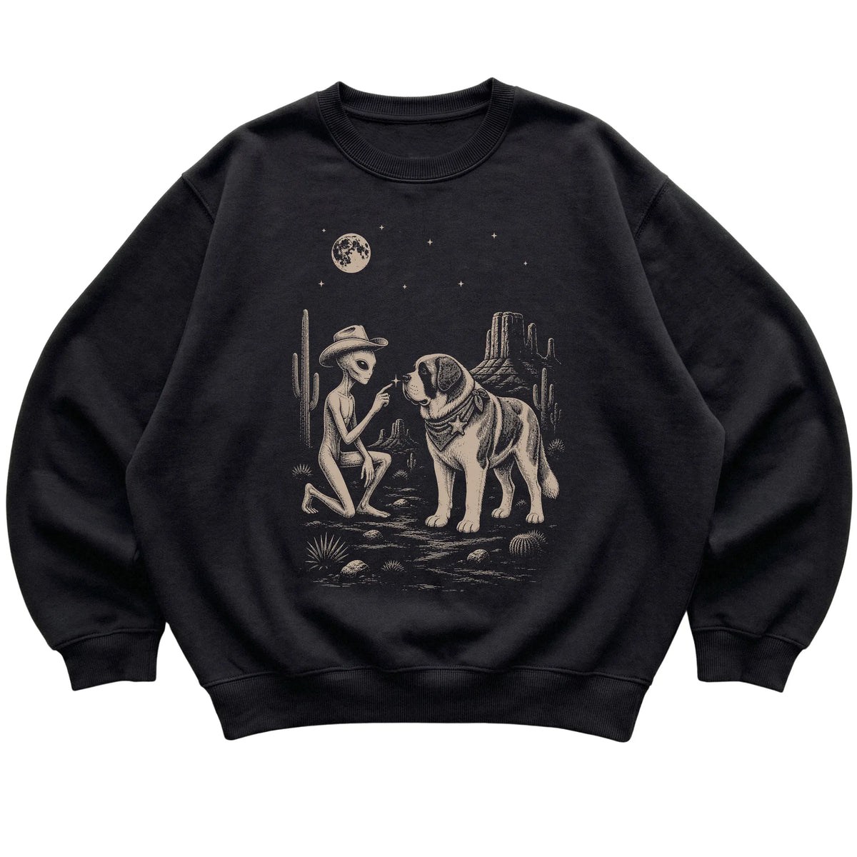 Black crewneck sweatshirt featuring Saint Bernard Cowboy and Alien, laid-flat presentation