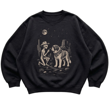 Black crewneck sweatshirt featuring Saint Bernard Cowboy and Alien, laid-flat presentation