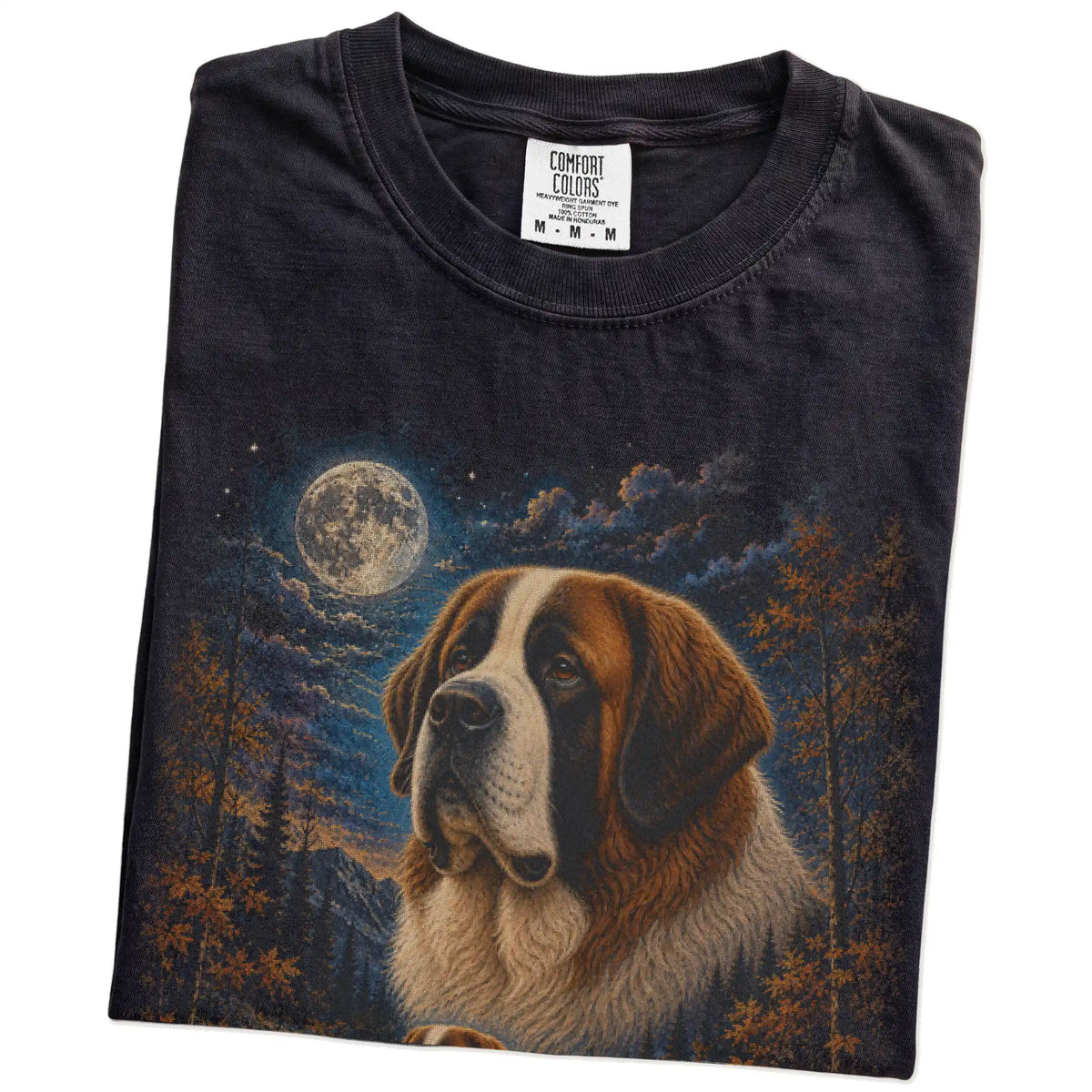 Folded black T-shirt with Saint Bernard Autumn Moon artwork.