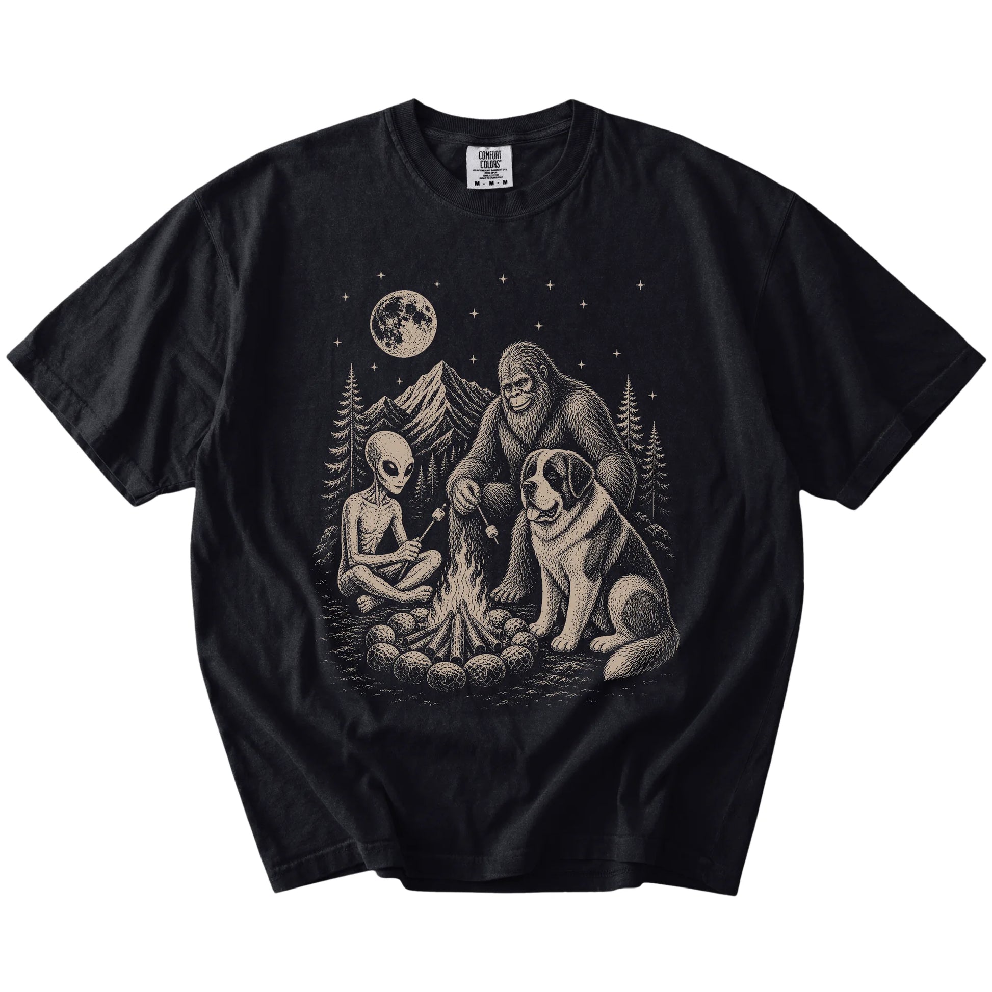 Saint Bernard camping with Bigfoot and an alien on a Black Comfort Colors® T-shirt