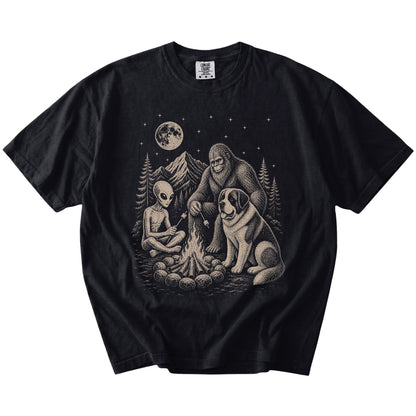 Saint Bernard camping with Bigfoot and an alien on a Black Comfort Colors® T-shirt