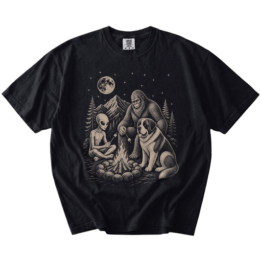 Saint Bernard camping with Bigfoot and an alien on a Black Comfort Colors® T-shirt