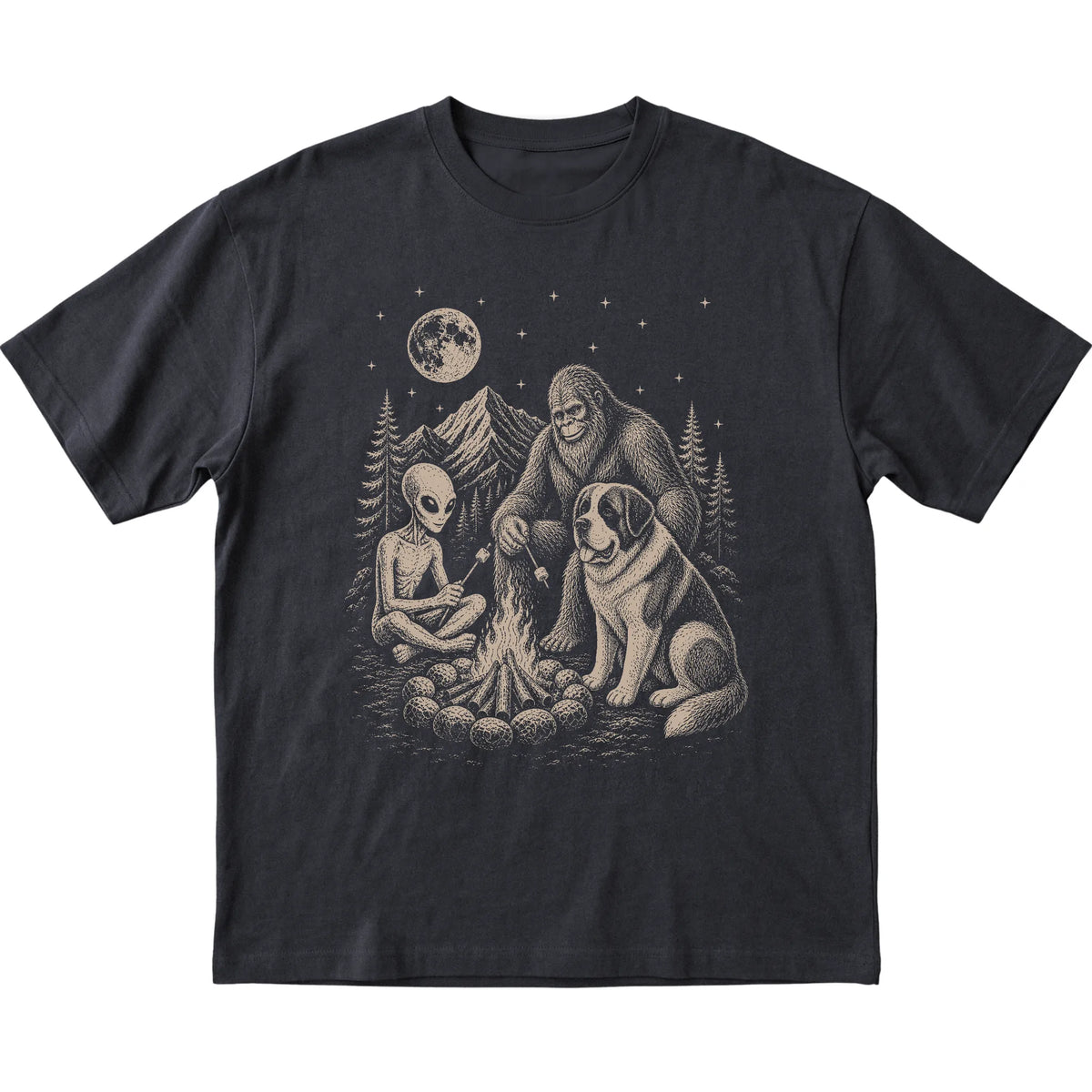 Black Saint Bernard Camping with Bigfoot and Alien shirt laid flat