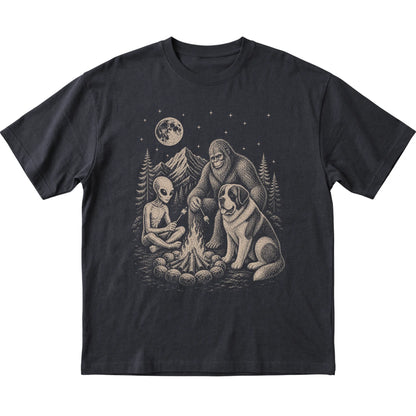 Black Saint Bernard Camping with Bigfoot and Alien shirt laid flat