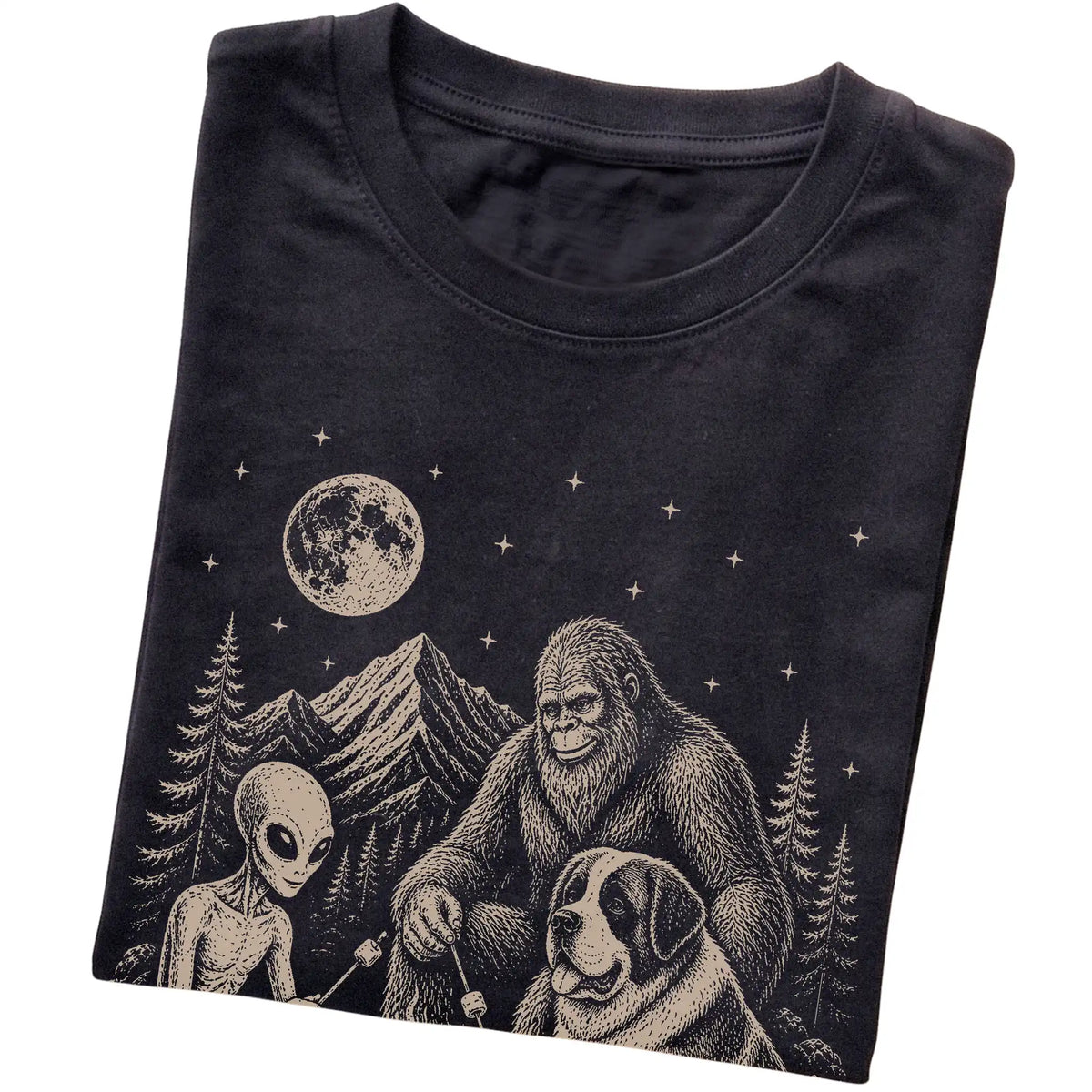Black Saint Bernard Camping with Bigfoot and Alien folded detail view
