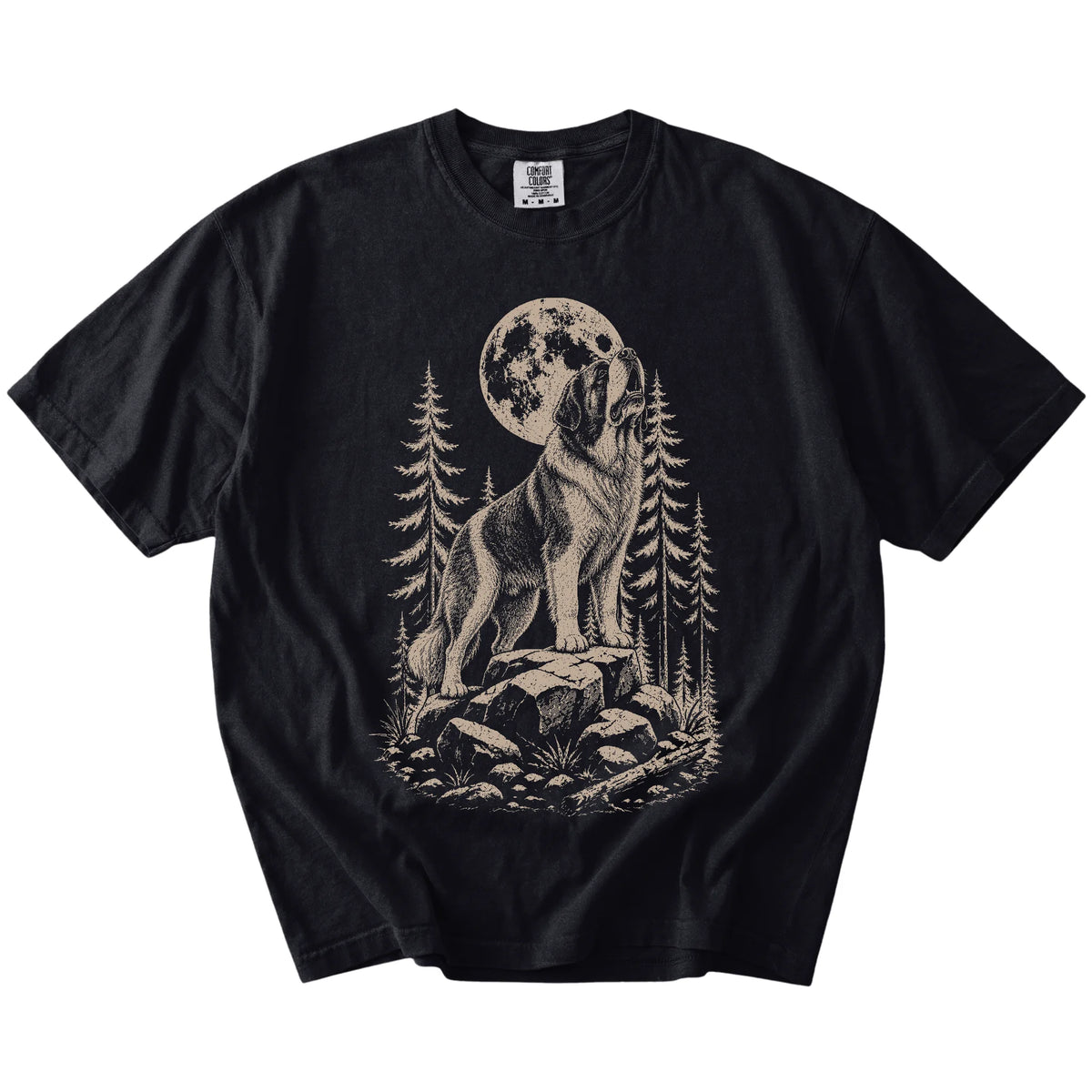 Saint Bernard howling beneath the moon and pine trees on a Black Comfort Colors® T-shirt