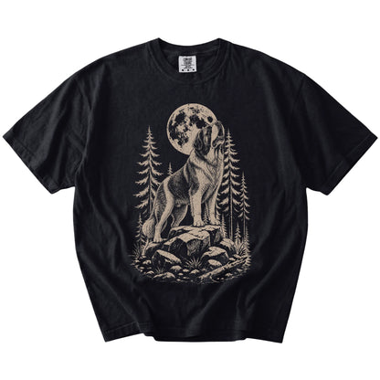 Saint Bernard howling beneath the moon and pine trees on a Black Comfort Colors® T-shirt