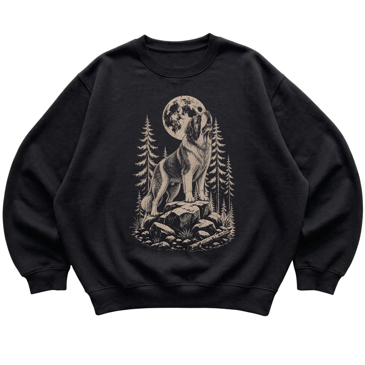 Close view of Saint Bernard Howling at the Moon artwork on Black crewneck sweatshirt
