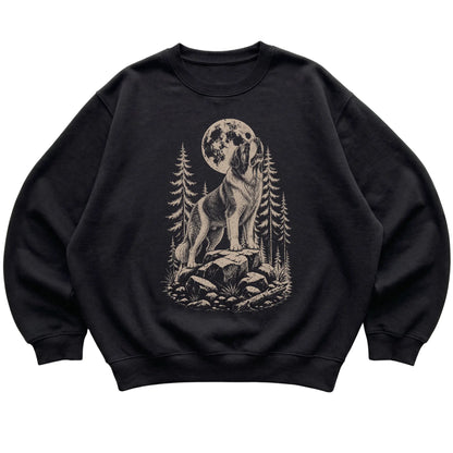 Close view of Saint Bernard Howling at the Moon artwork on Black crewneck sweatshirt