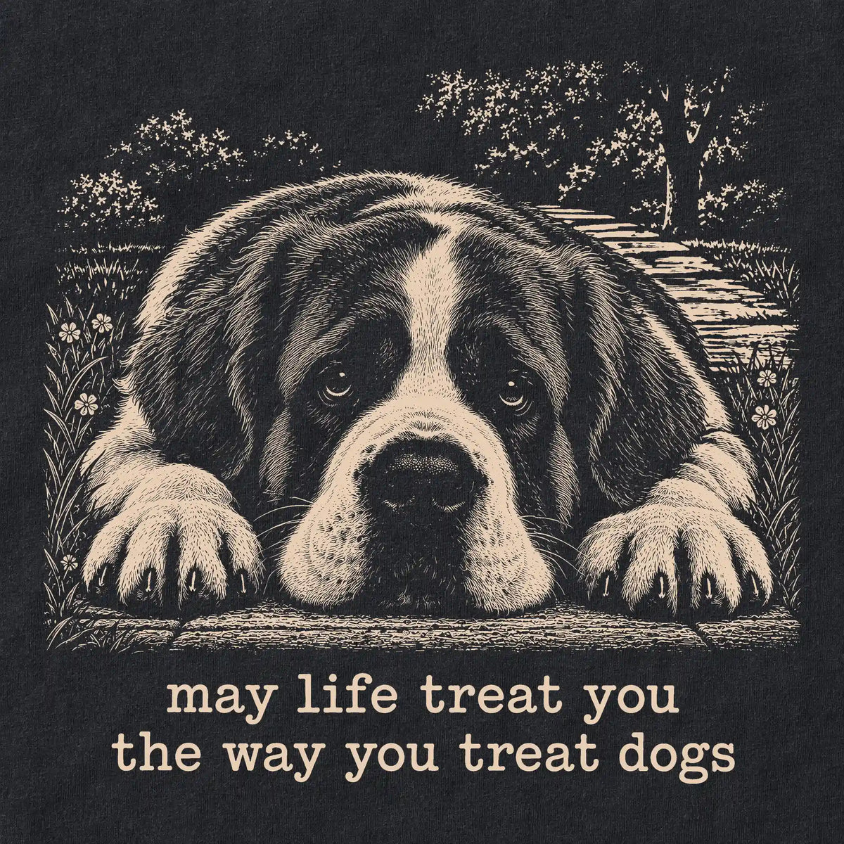 Saint Bernard Karma Softstyle T-shirt in Black — Design Detail