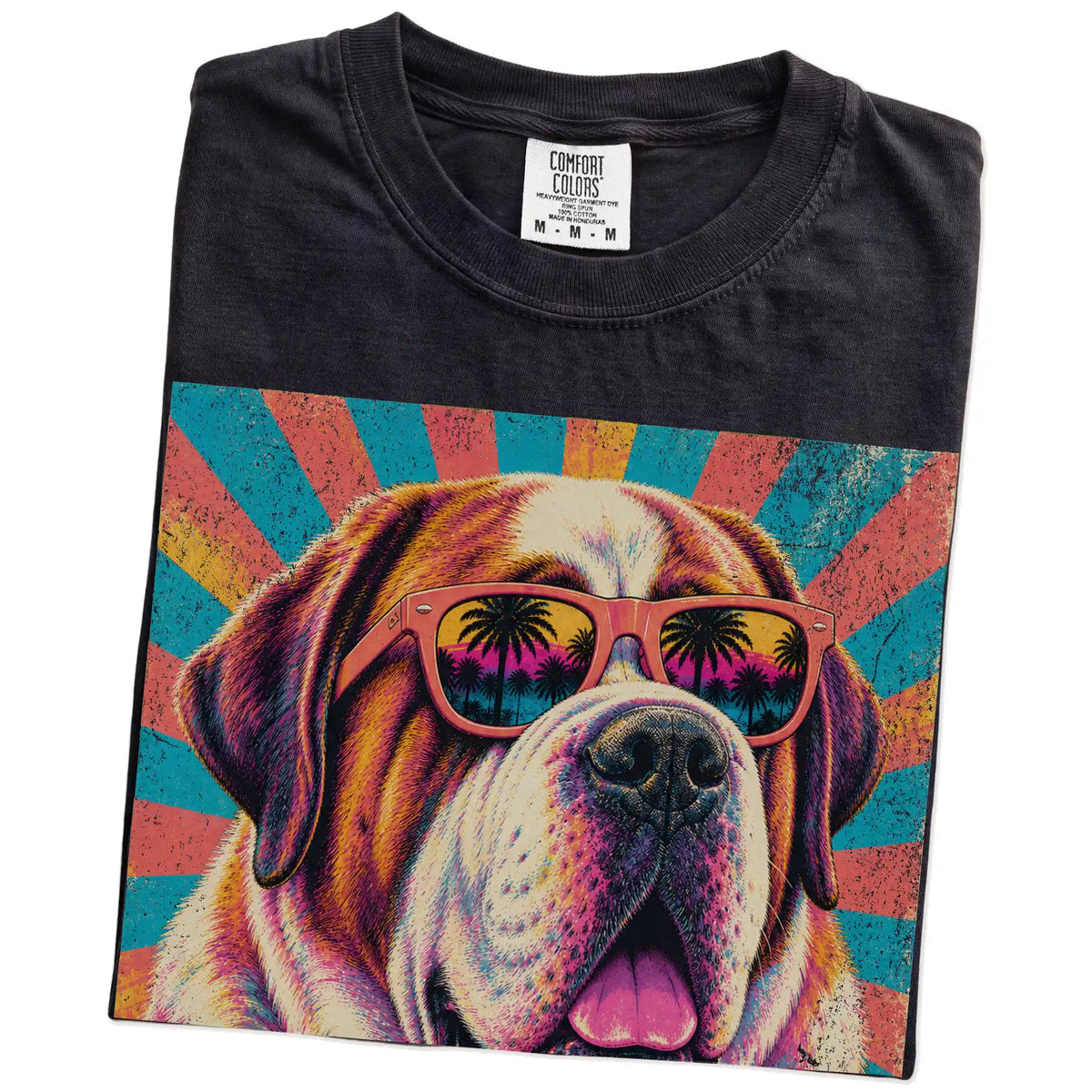 Retro Saint Bernard Mama design on a Black Comfort Colors T-shirt folded detail