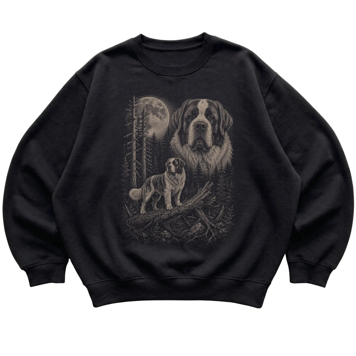 Saint Bernard Moonlit Forest graphic on a black crewneck sweatshirt laid flat
