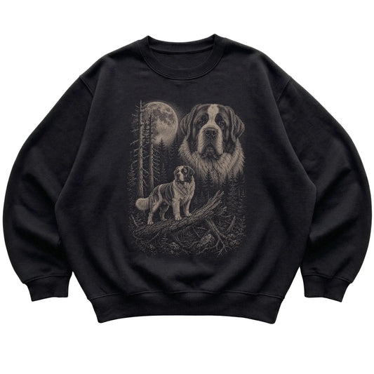 Saint Bernard Moonlit Forest graphic on a black crewneck sweatshirt laid flat