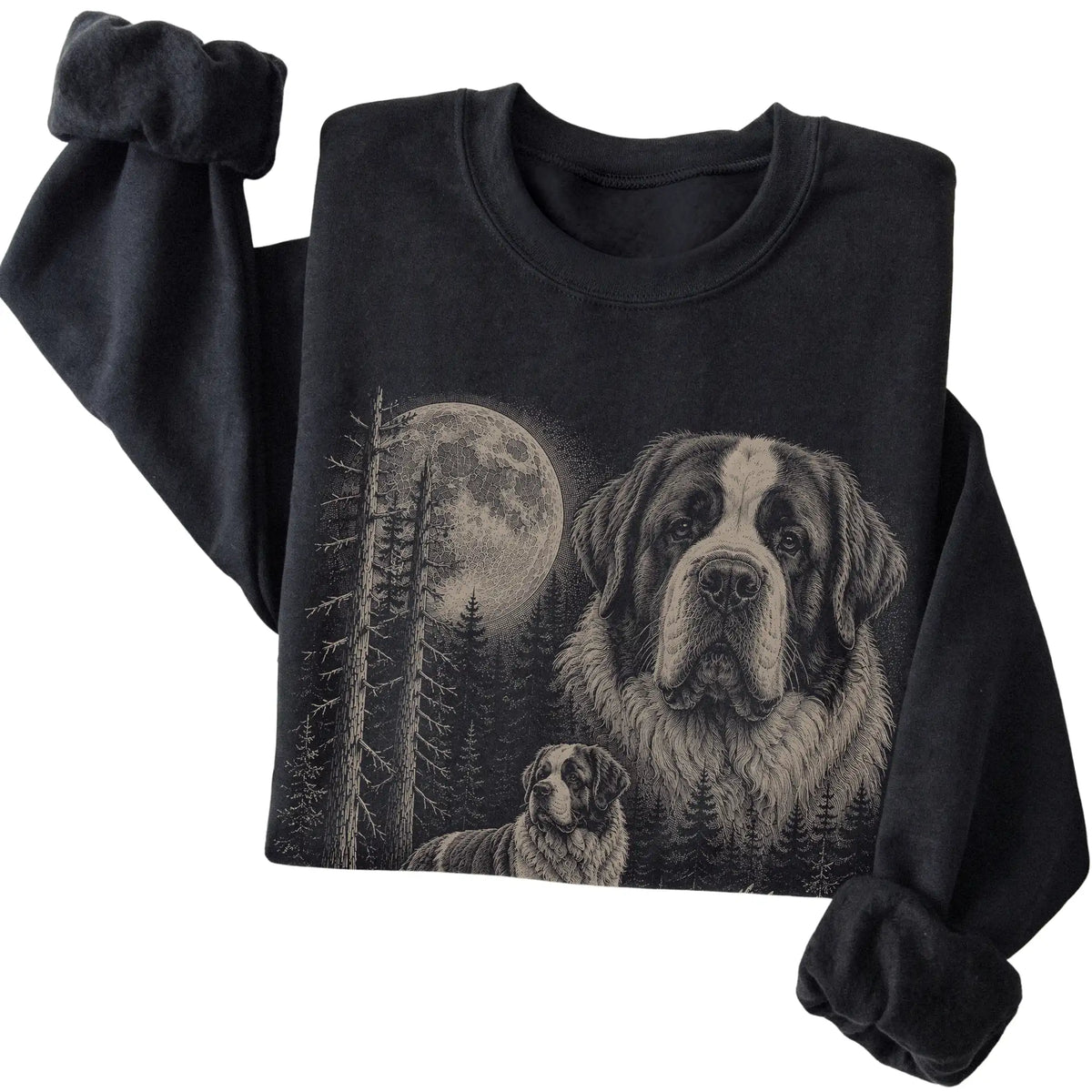 Folded black crewneck sweatshirt showing the Saint Bernard Moonlit Forest graphic