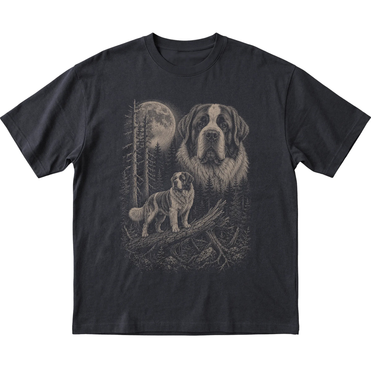 Saint Bernard Moonlit Forest graphic on a black Softstyle T-shirt laid flat