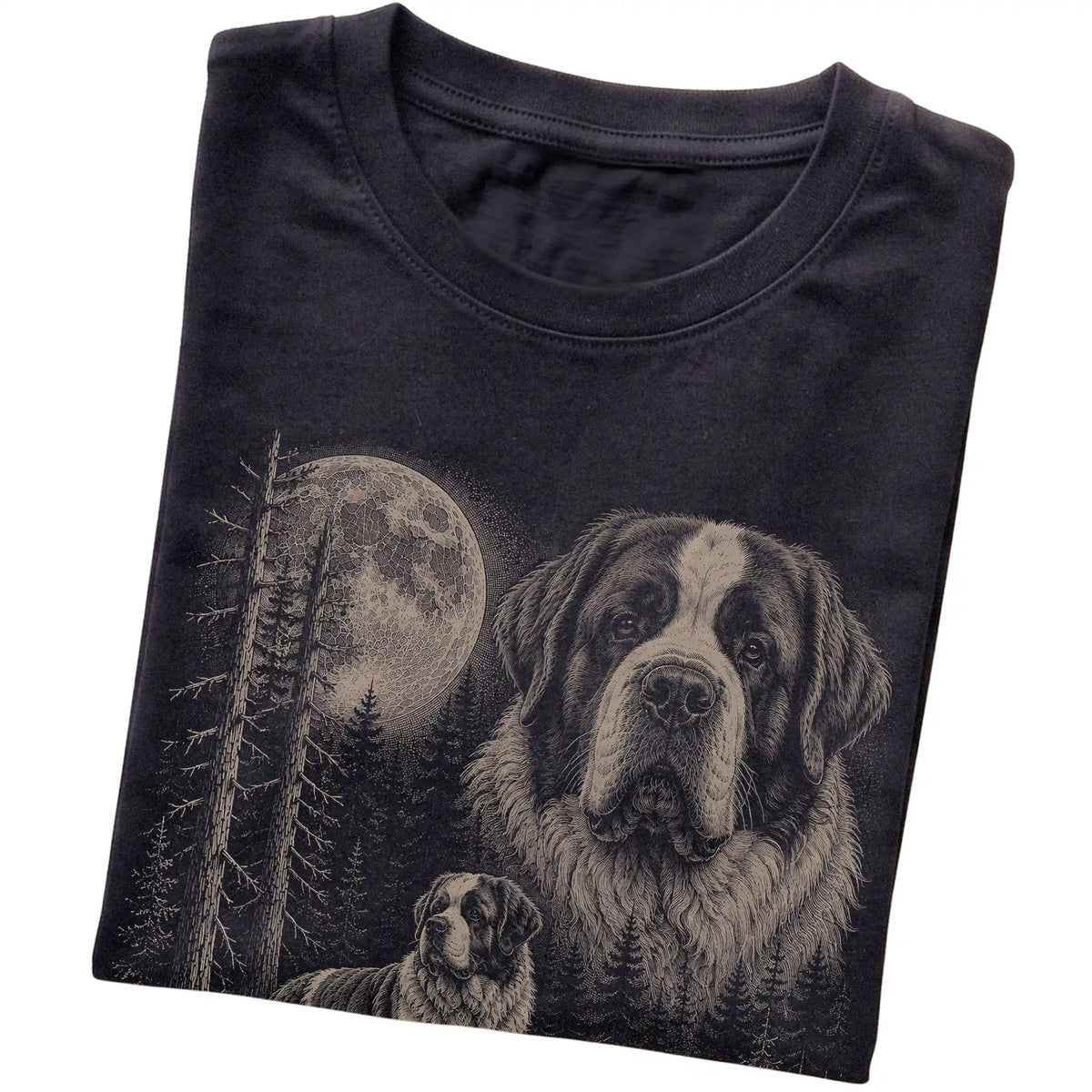Folded black Softstyle T-shirt showing the Saint Bernard Moonlit Forest graphic