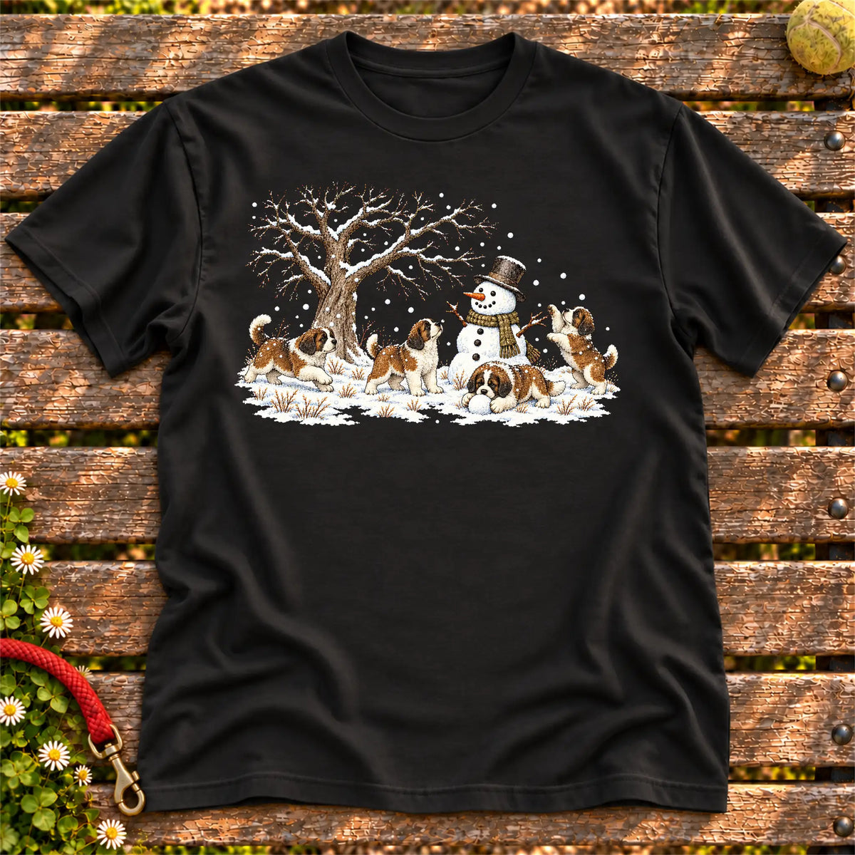 Saint Bernard puppies playing in snow with a snowman on a Black T-shirt