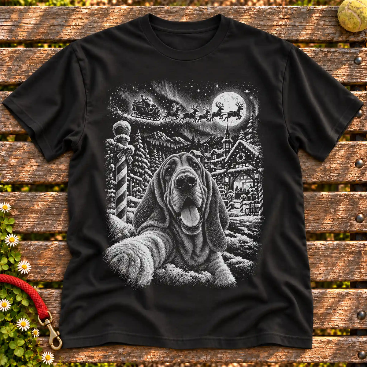 Bloodhound Santa Selfie design on a Black T-shirt