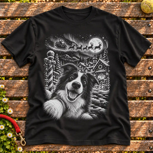 Border Collie Santa Selfie design on a Black T-shirt